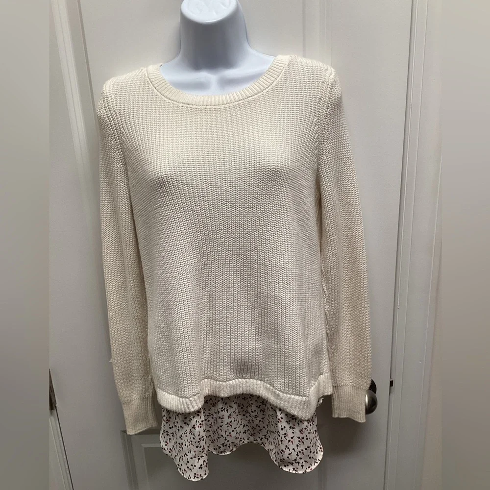 LOFT Meadow split back mixed media sweater, beige size small